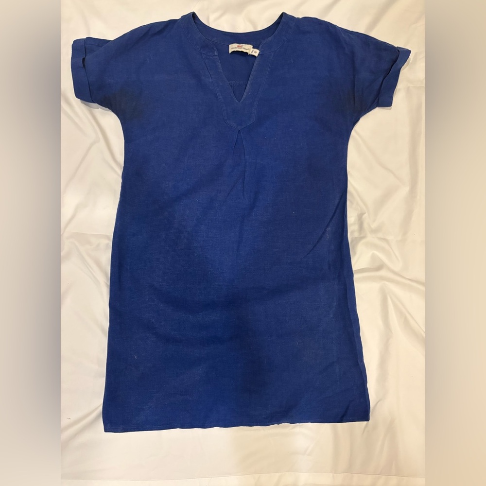 Vineyard Vines Dress Women's cobalt blue Linen V Neck Cuffed Sleeve Pleated